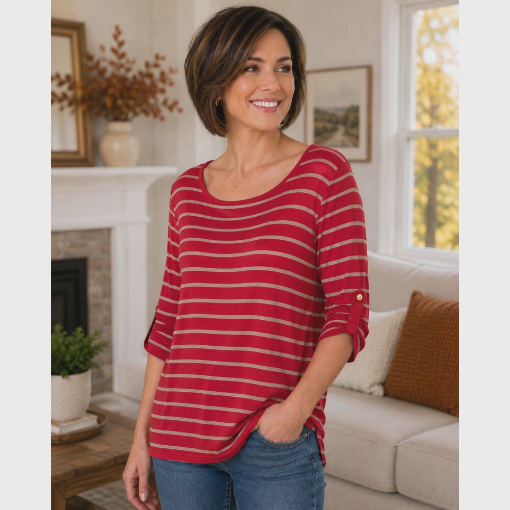 Calvin Klein Women L Red Tan Stripe Roll Tab Sleeve Lightweight Viscose Top #19